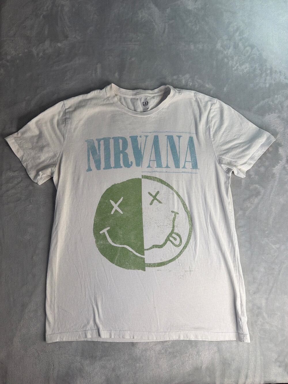 Gap Nirvana Smiley Face Shirt Mens Medium Split Graphic White Band Tee Grunge